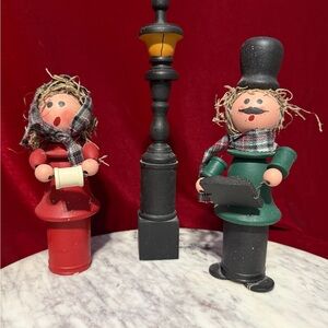 Hand Crafted Wooden Caroler Figurines in Red and Green with wood light post